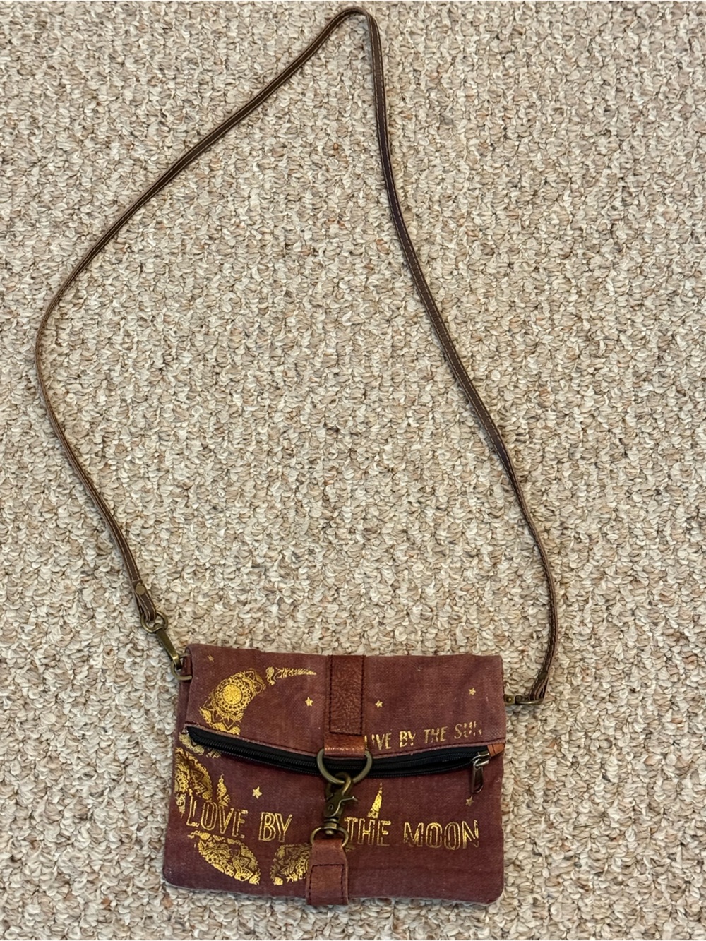 Mona B Live By The Sun Love By The Moon Canvas Leather Crossbody Bag Gold Foil